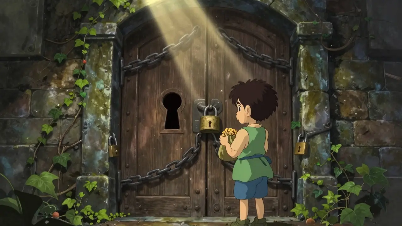 Character facing a locked door with chains, symbolizing blocked funds, anime