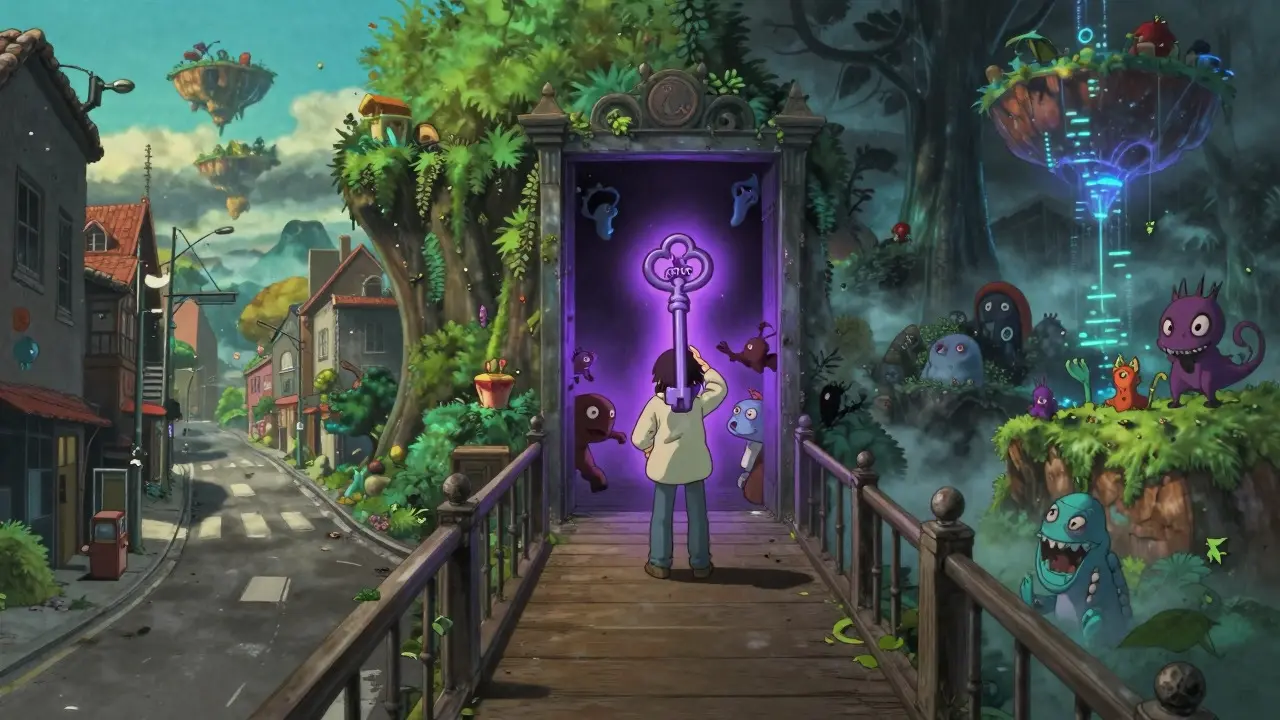 Character holding haunted key NFT bridging real and digital worlds