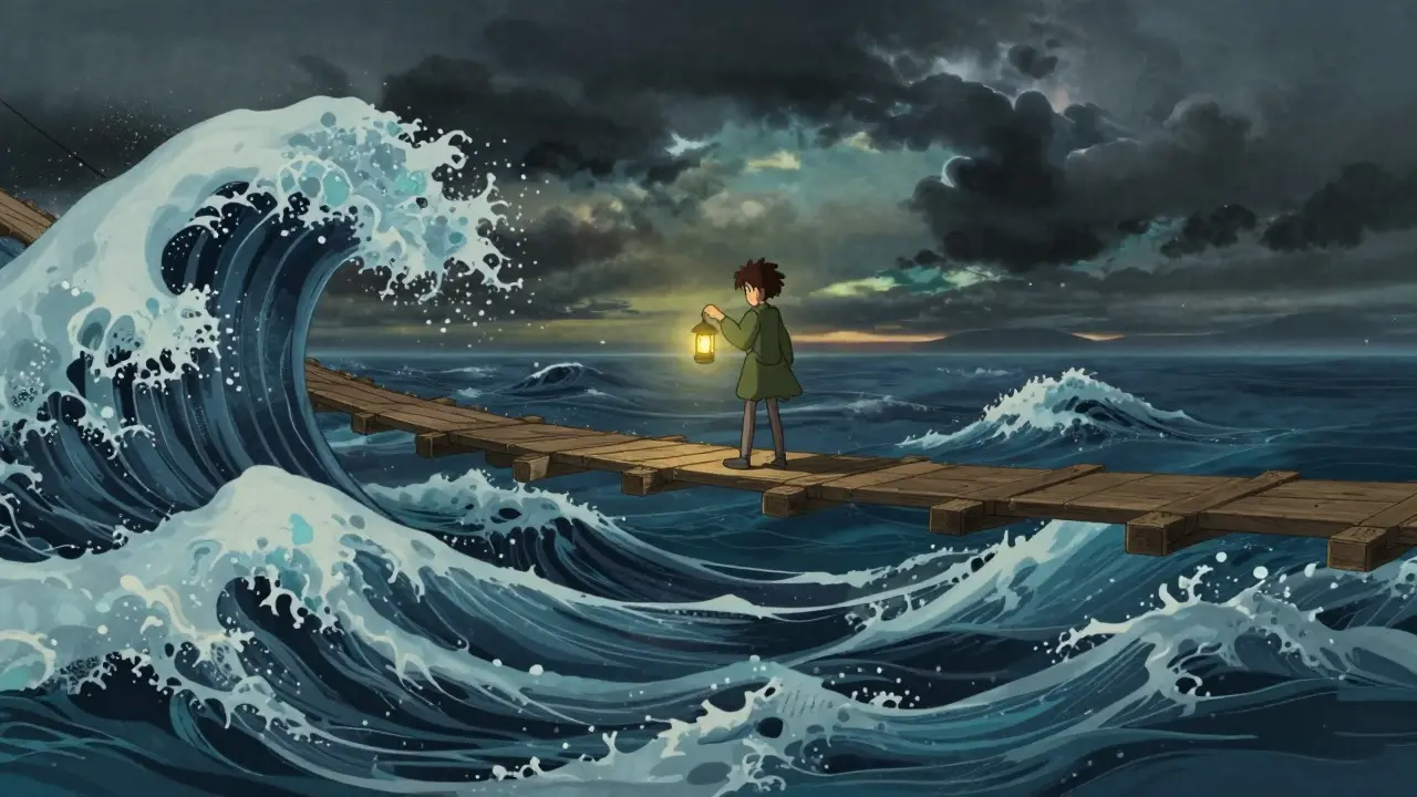 Character on a shaky bridge over stormy sea in Ghibli style