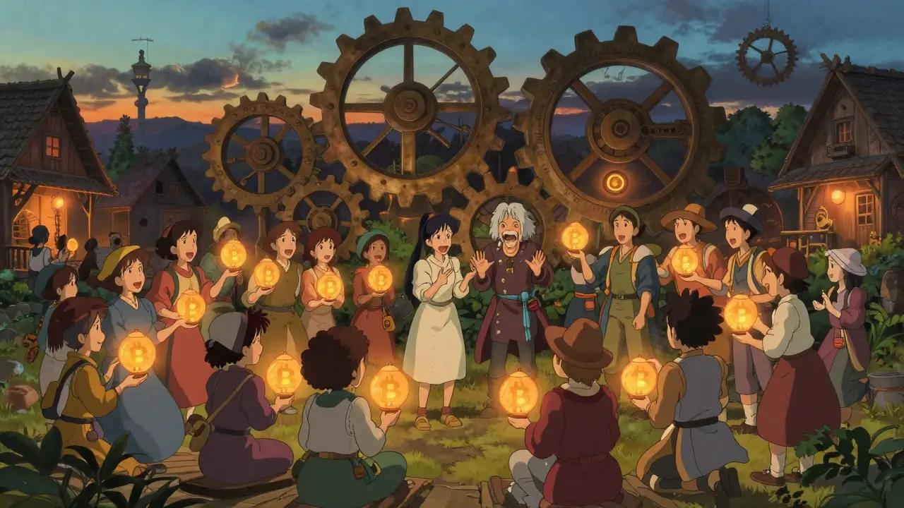 Community gathering in mystical square with crypto lanterns