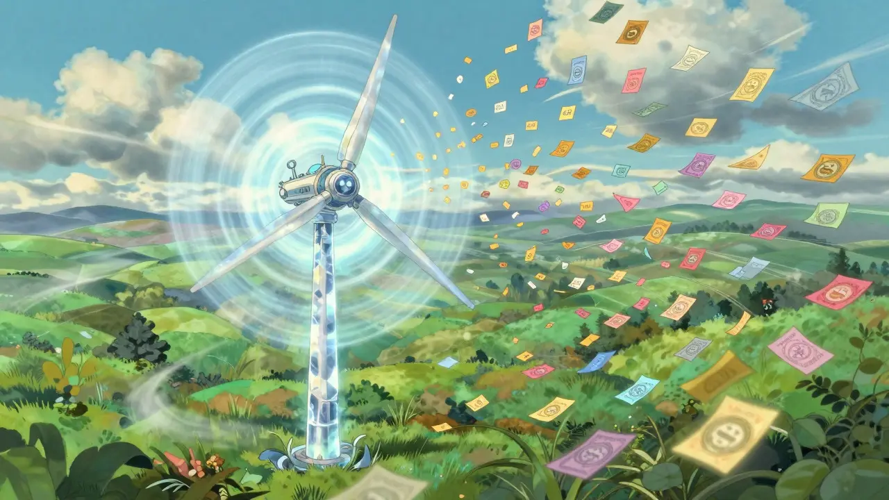 Crystal turbines generate flying tokens in a lush green valley.