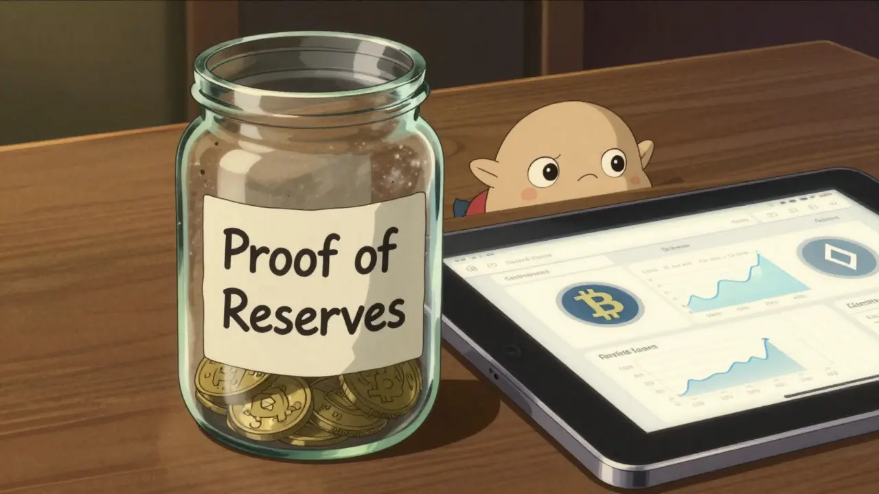 Empty proof-of-reserves jar next to clean trading tablet in warm indoor Ghibli setting