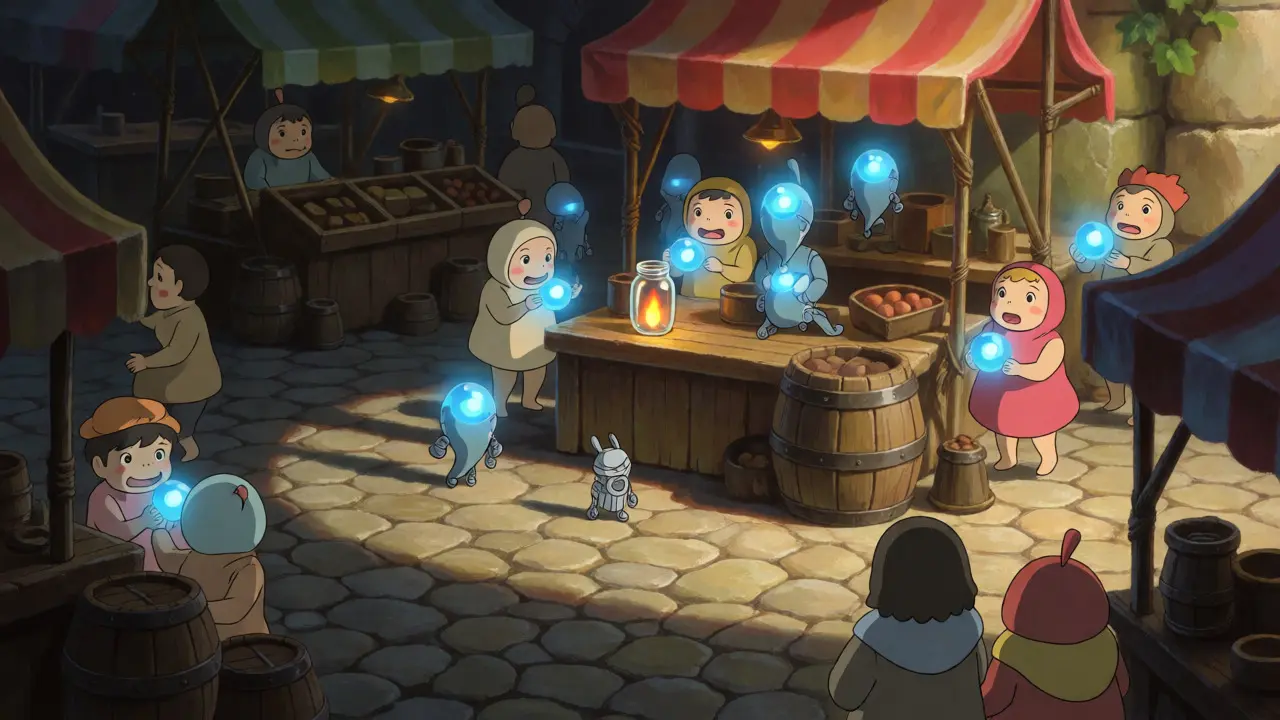 Fantasy market scene with a fragile flame in a jar