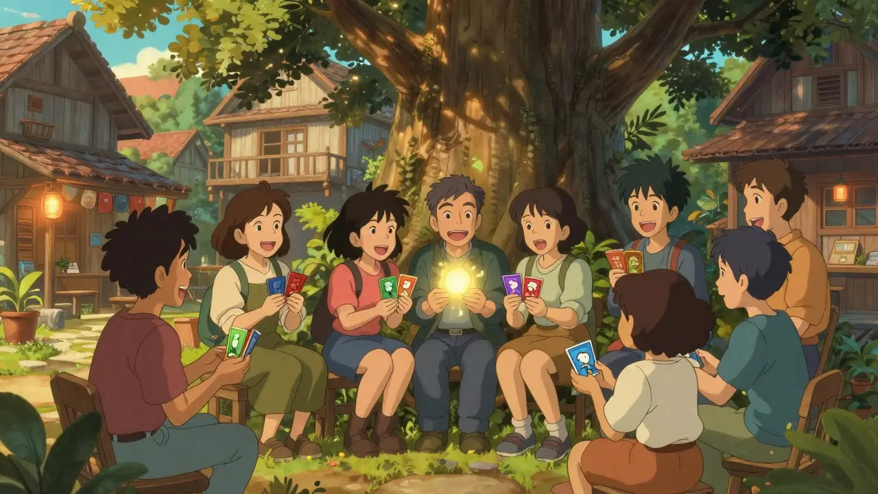 Friendly characters exchanging glowing tokens and cards under an ancient tree in a village