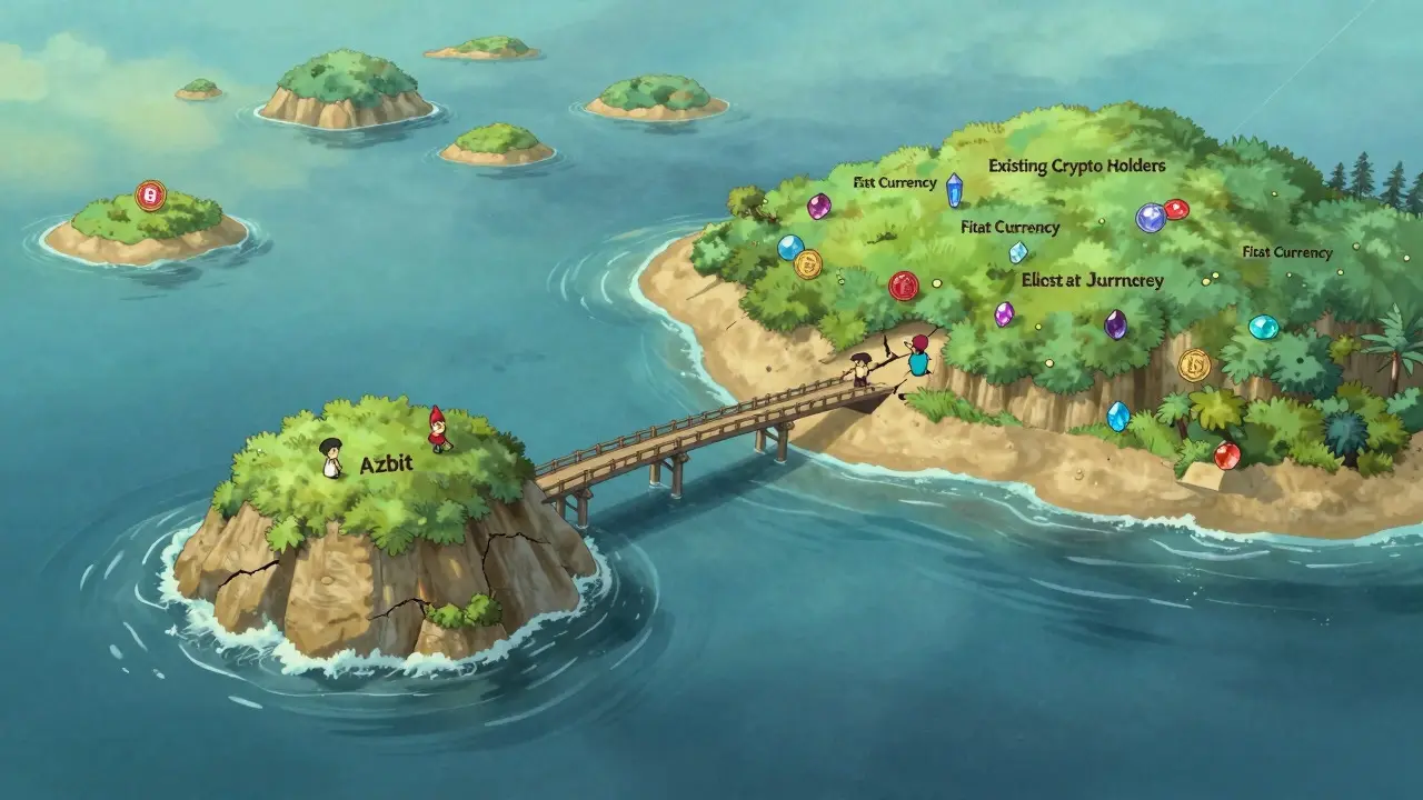 Ghibli ocean scene showing Azbit island accessible only to crypto holders, not fiat users, with subtle instability