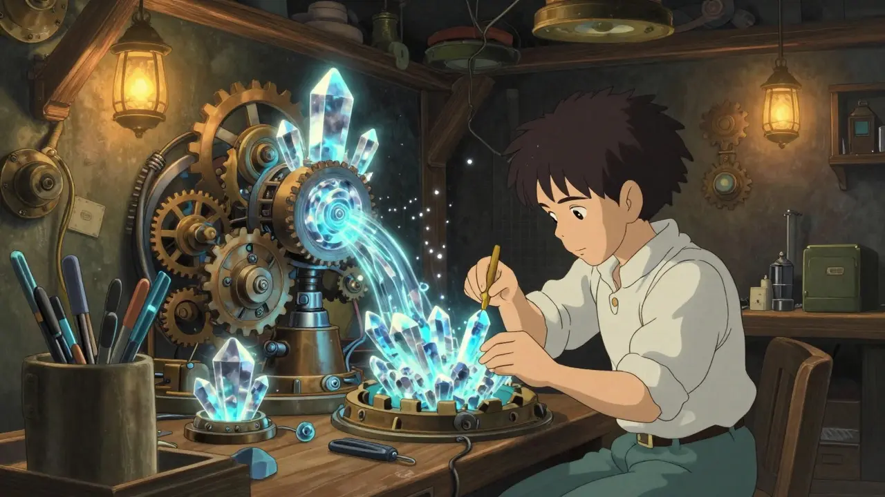 Ghibli-style art of an artisan crafting glowing crystal machinery in a workshop