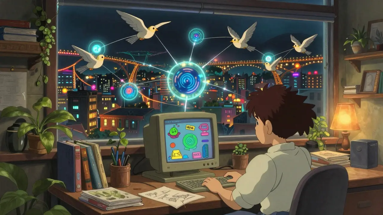 Ghibli style: Designer working while mechanical birds carry data orbs in a cozy room.