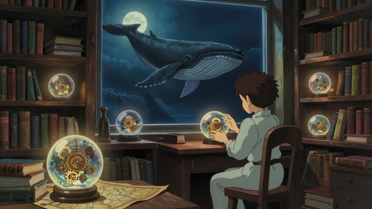Ghibli-style figure in a study observing a flickering orb while a whale shadow looms outside