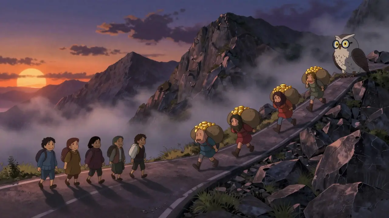 Ghibli-style mountain path contrasting an easy road with a risky, rewarding trail