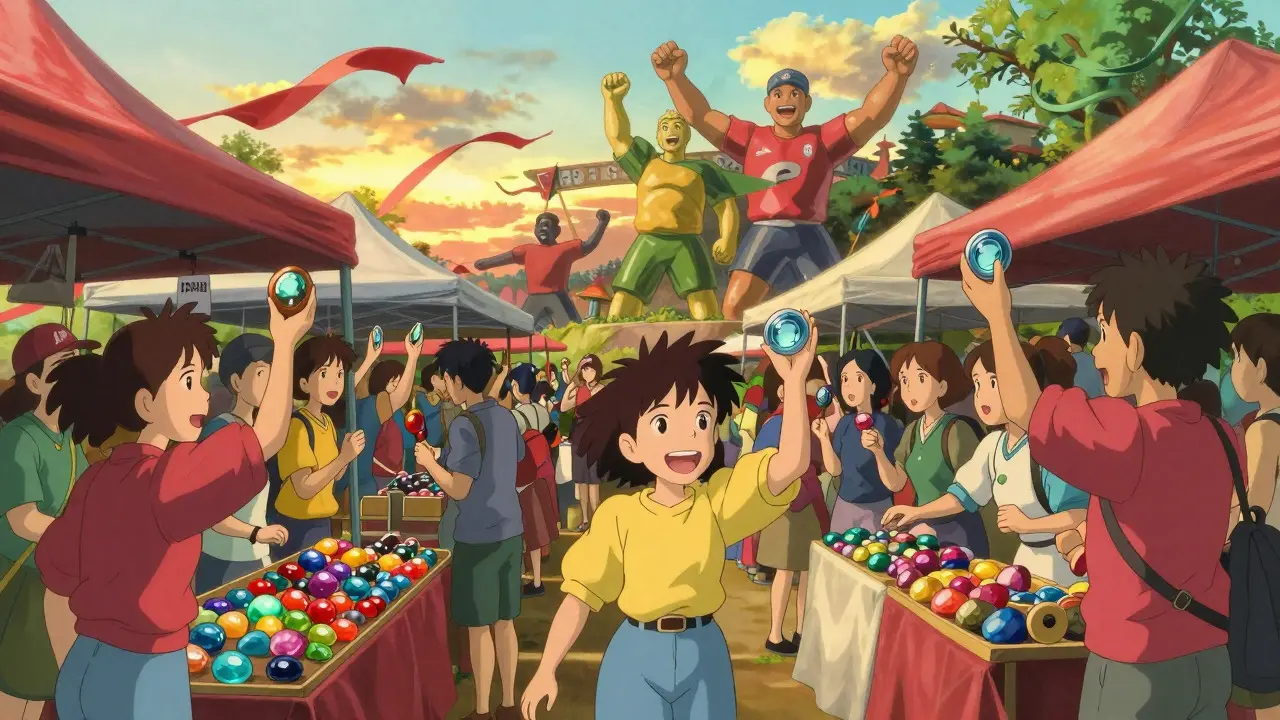 Ghibli-style scene of fans trading colorful tokens at a sunny outdoor market