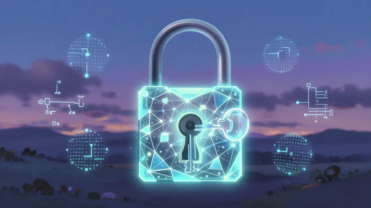 Glowing geometric lock and key illustrating secure cryptographic blockchain proofs.