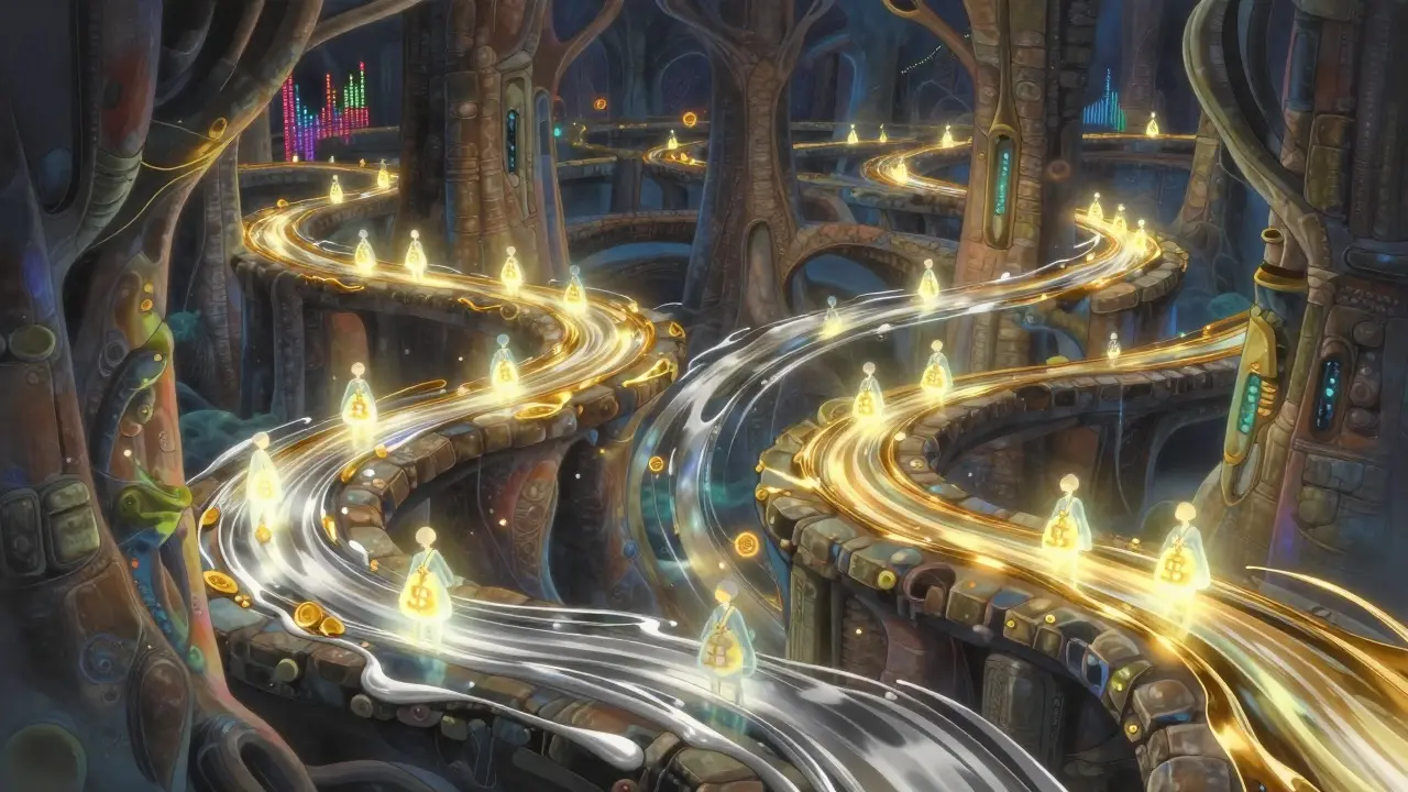 Glowing streams of light flowing through a complex underground maze representing hidden money flows