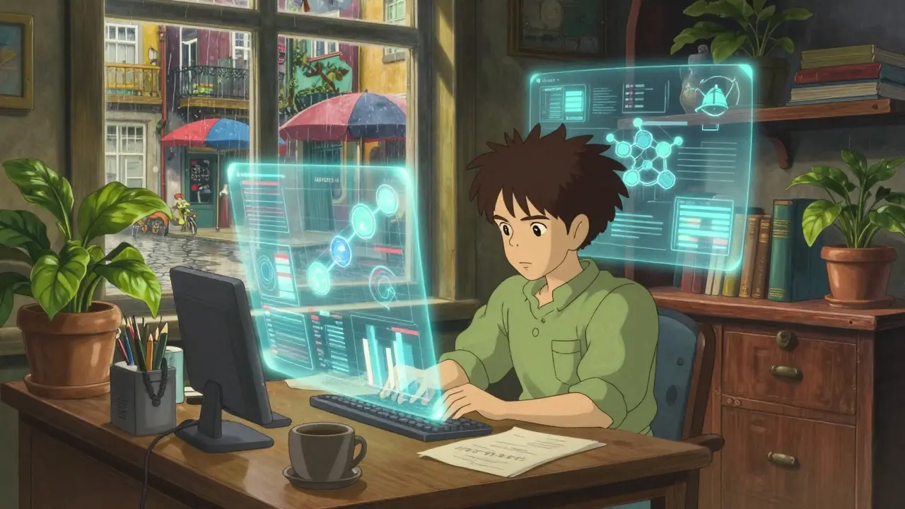 Home office with holographic crypto charts, Studio Ghibli style