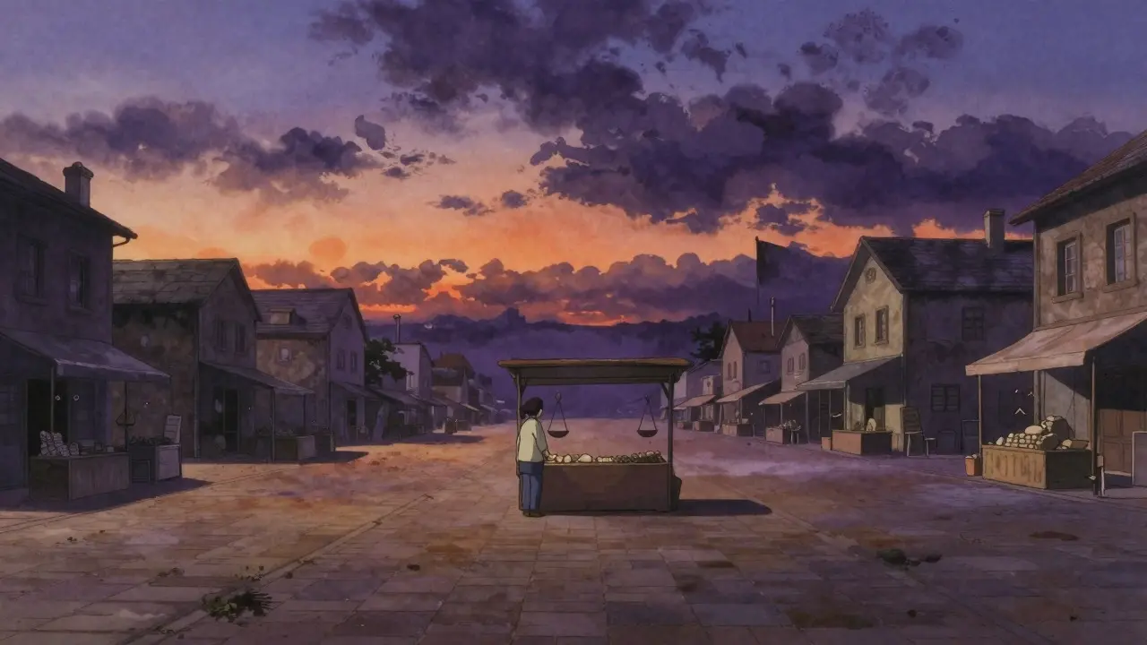 Lone figure at an empty marketplace stall under a twilight sky, anime style