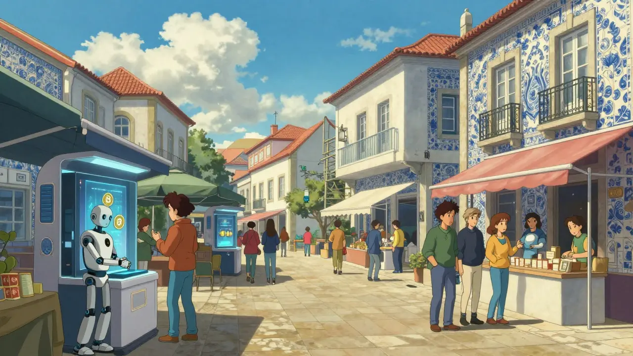 Magical Portuguese market with digital crypto kiosks, Ghibli style