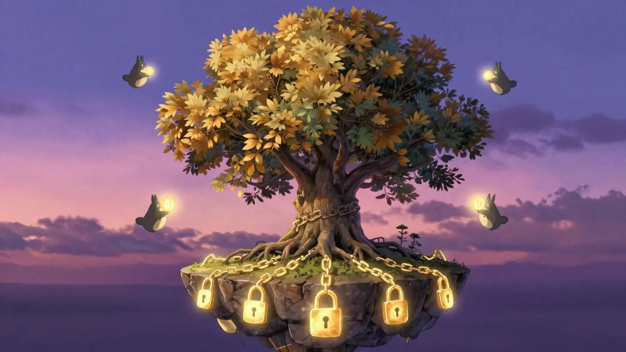 Magical tree with locked roots symbolizing crypto staking and patience