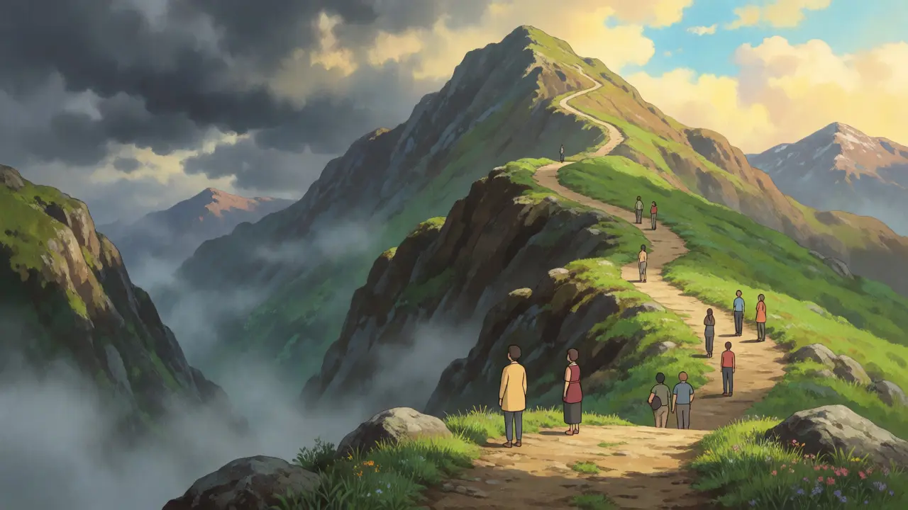 Mountain path illustrating crypto price volatility in Ghibli style
