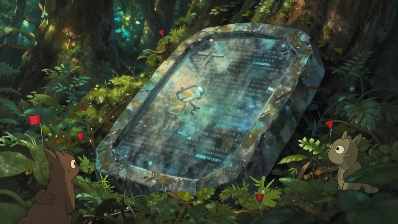 Mysterious crystal with vague data symbols in a forest