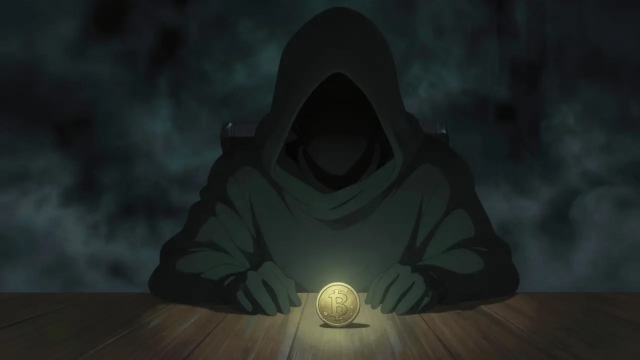 Mysterious hooded figure holding a glowing coin in a dark, smoky setting
