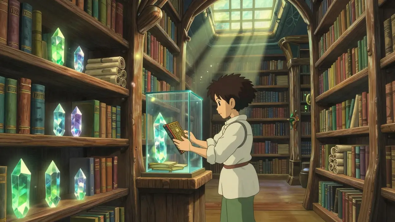 Organic library with magical ledgers symbolizing secure records