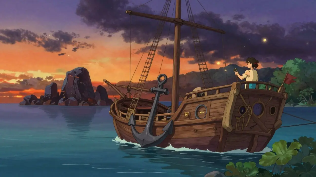 Safe harbor with anchored ship vs distant storm rocks, Ghibli style