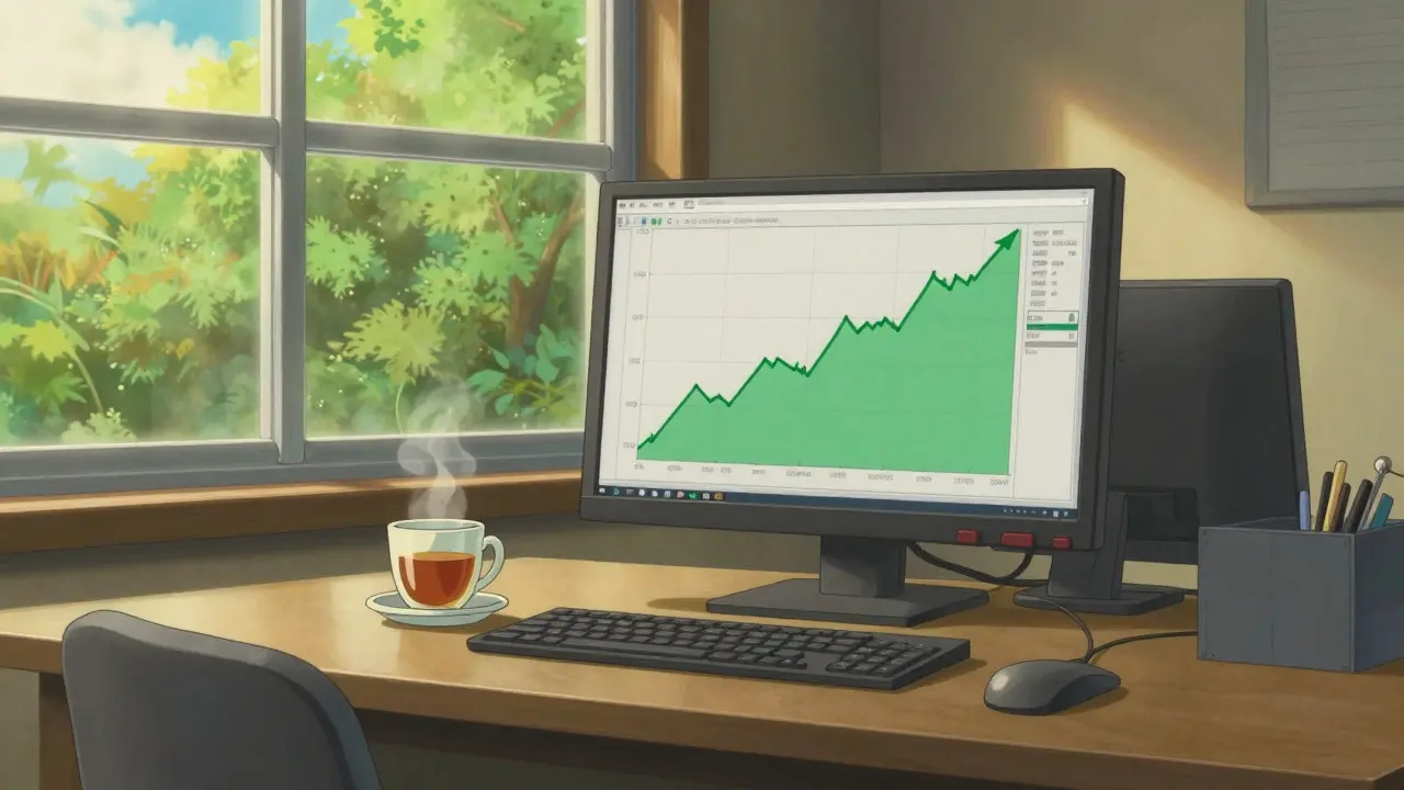 Serene anime workspace with calm green charts and steaming tea in sunlight