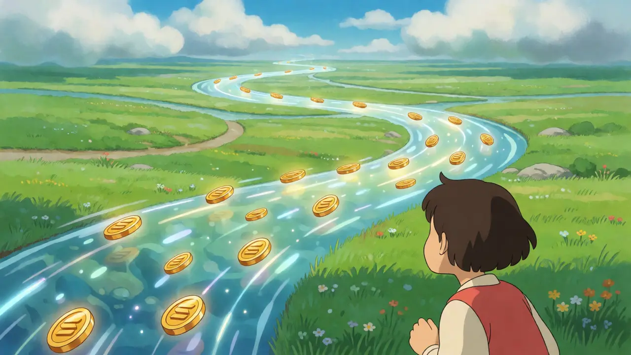 Solana blockchain as a glowing river in a Ghibli landscape
