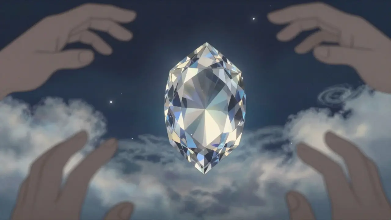 Studio Ghibli style image of a floating gemstone surrounded by reaching hands