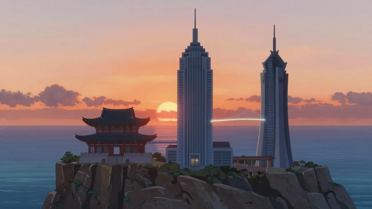 Three stylized buildings on a cliff connected by light bridges over the ocean at sunrise
