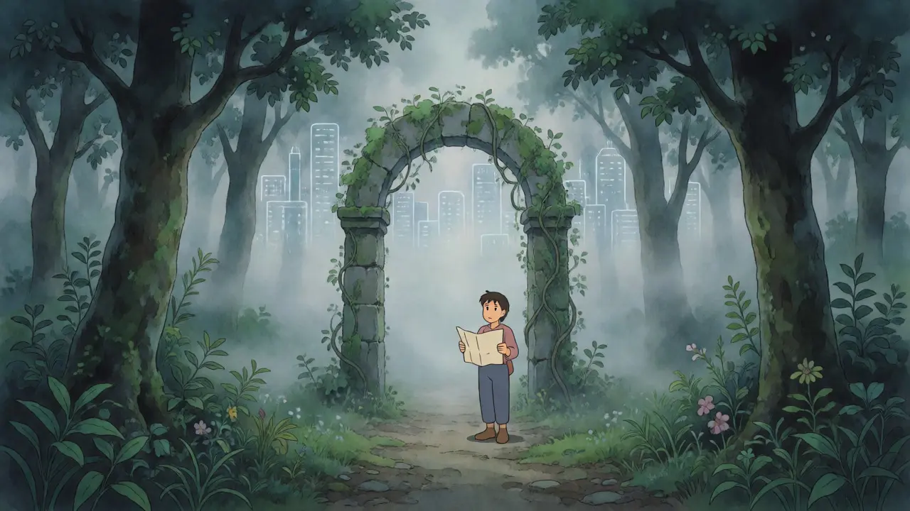 Traveler facing a foggy, overgrown stone archway