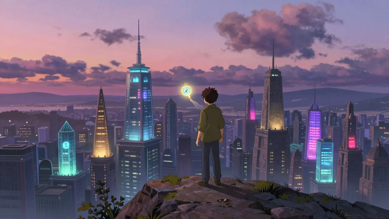 Traveler on a cliff overlooking a pulsing crypto city at twilight