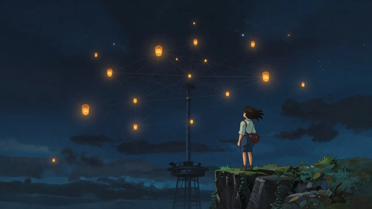 Traveler viewing decentralized network of lights in Ghibli style