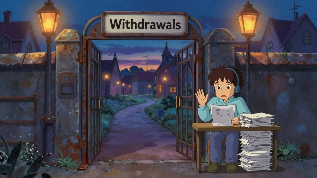 User waiting at a slow mechanical gate representing delayed crypto withdrawals.