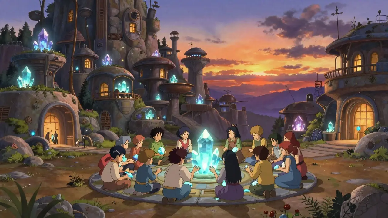 Village scene with people exchanging luminous stones at sunset
