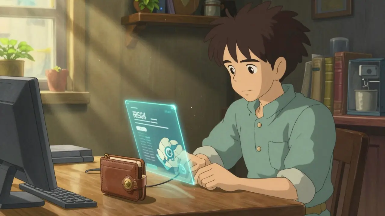 Young trader using a secure hardware wallet at a cozy desk, emphasizing DeFi safety.