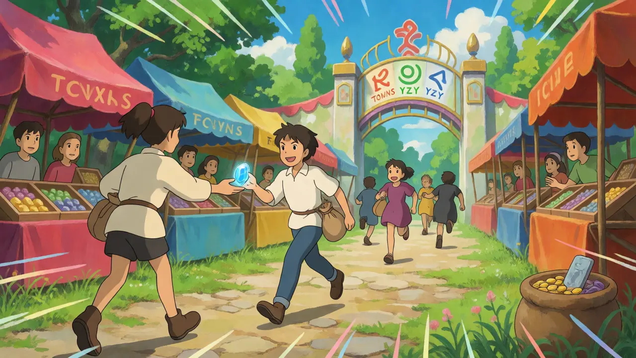 A character completing a trade in a vibrant fantasy market to receive a blue gemstone reward from a stall.