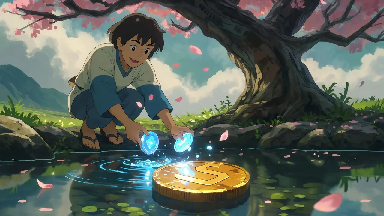 A character dropping a glowing token into a pond to retrieve a gold coin.