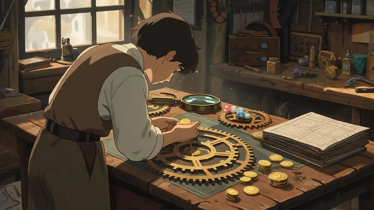 A character inspecting coins and gears in a sunlit workshop, symbolizing due diligence and security checks.