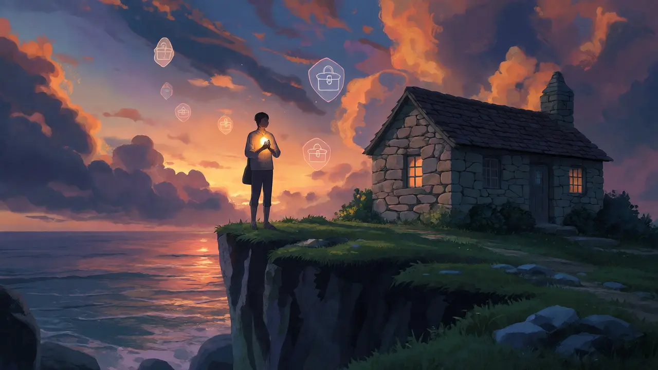 A figure protecting a glowing orb on a cliff at sunset, symbolizing secure holding.