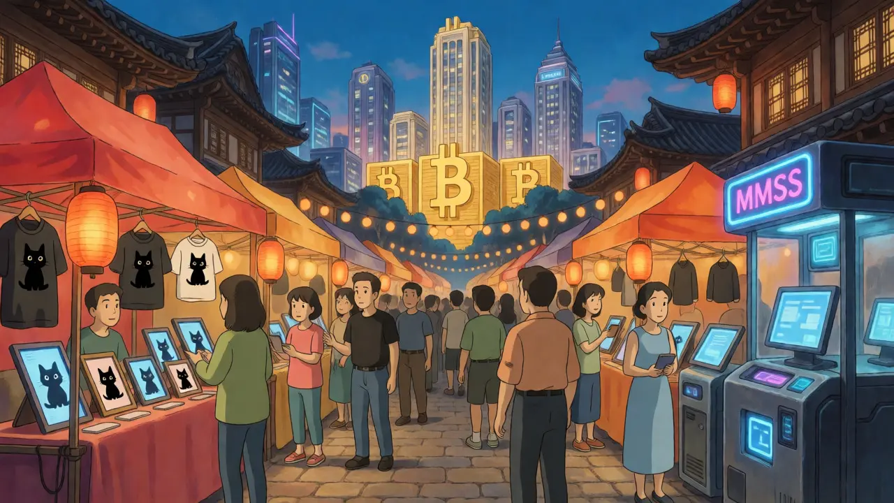 A lively street festival with people gathering around digital art and fashion stalls.
