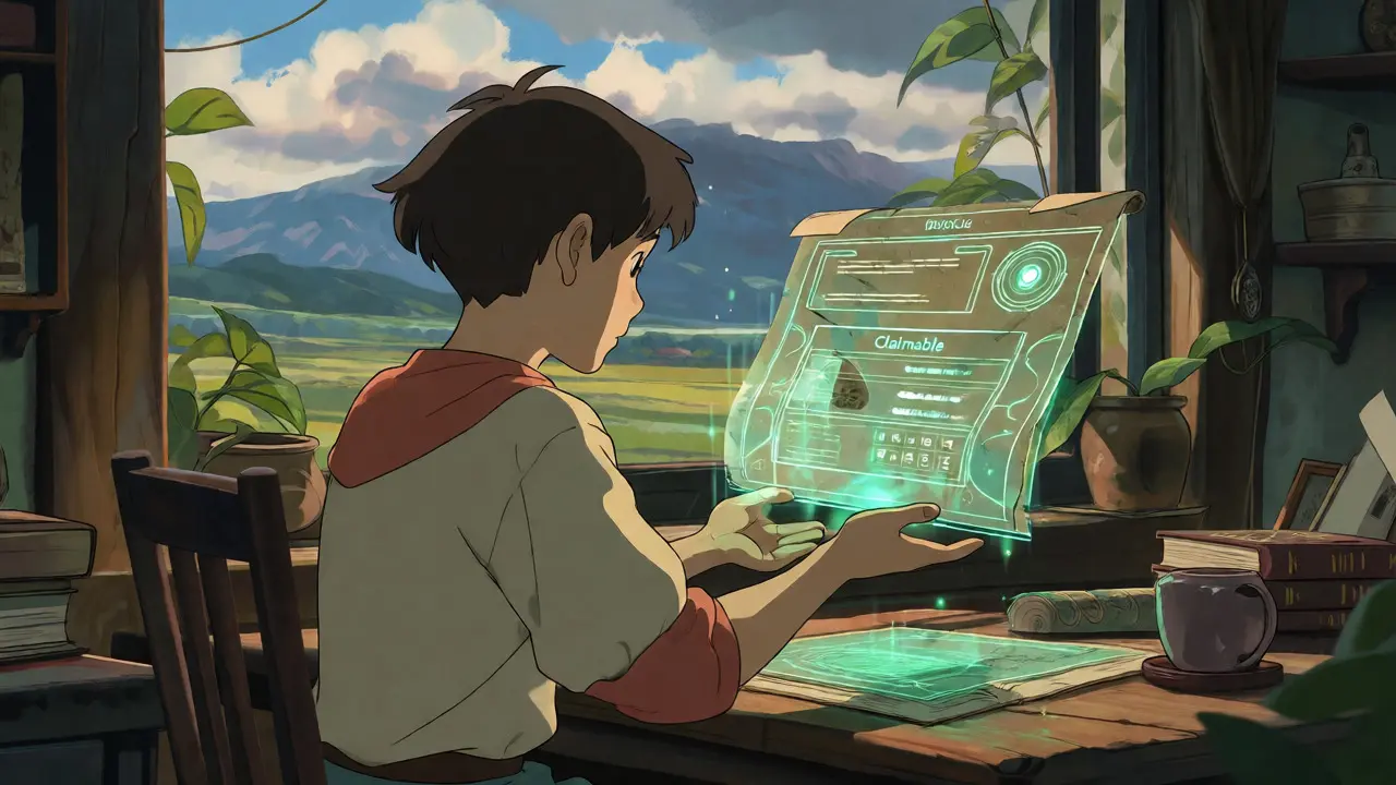A person interacting with a magical holographic interface to claim digital assets.
