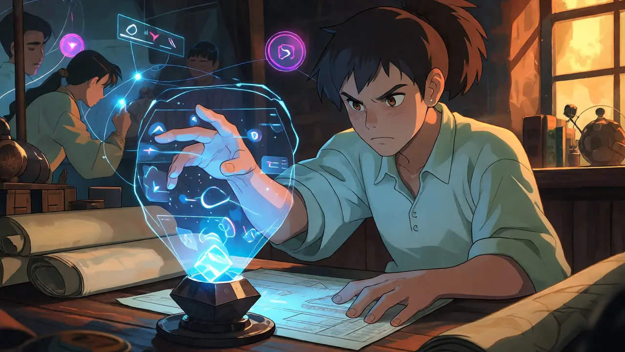 A protagonist interacting with a holographic interface amidst scrolls and gadgets.