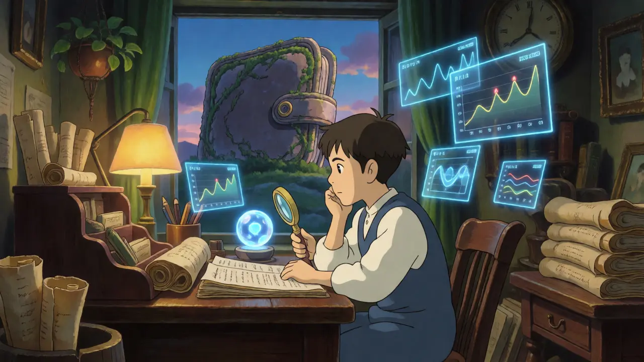 A trader analyzing a glowing token orb in a cozy room with a giant wallet structure visible outside the window.