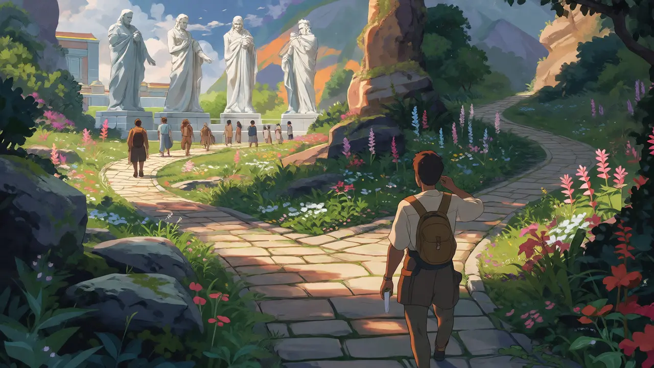 A traveler at a crossroads between a busy city and a quiet garden, choosing their trading path.