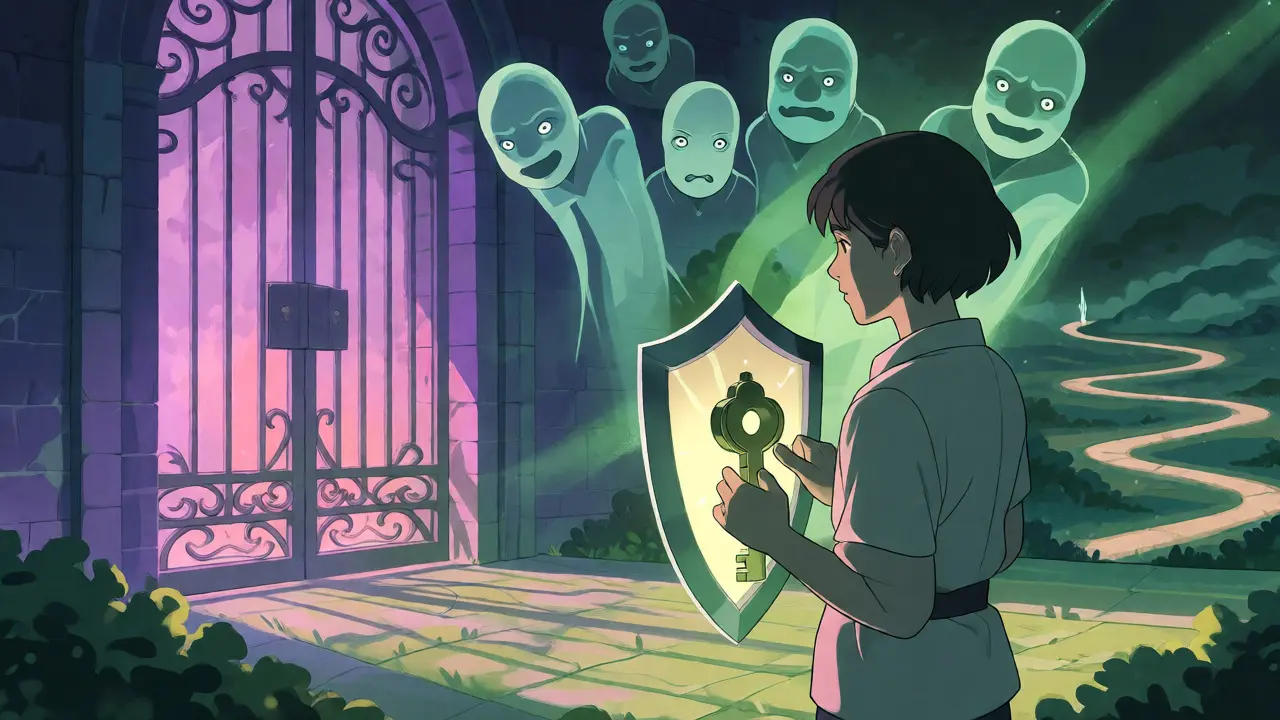 A vigilant figure inspecting a token near a glowing protective gate.