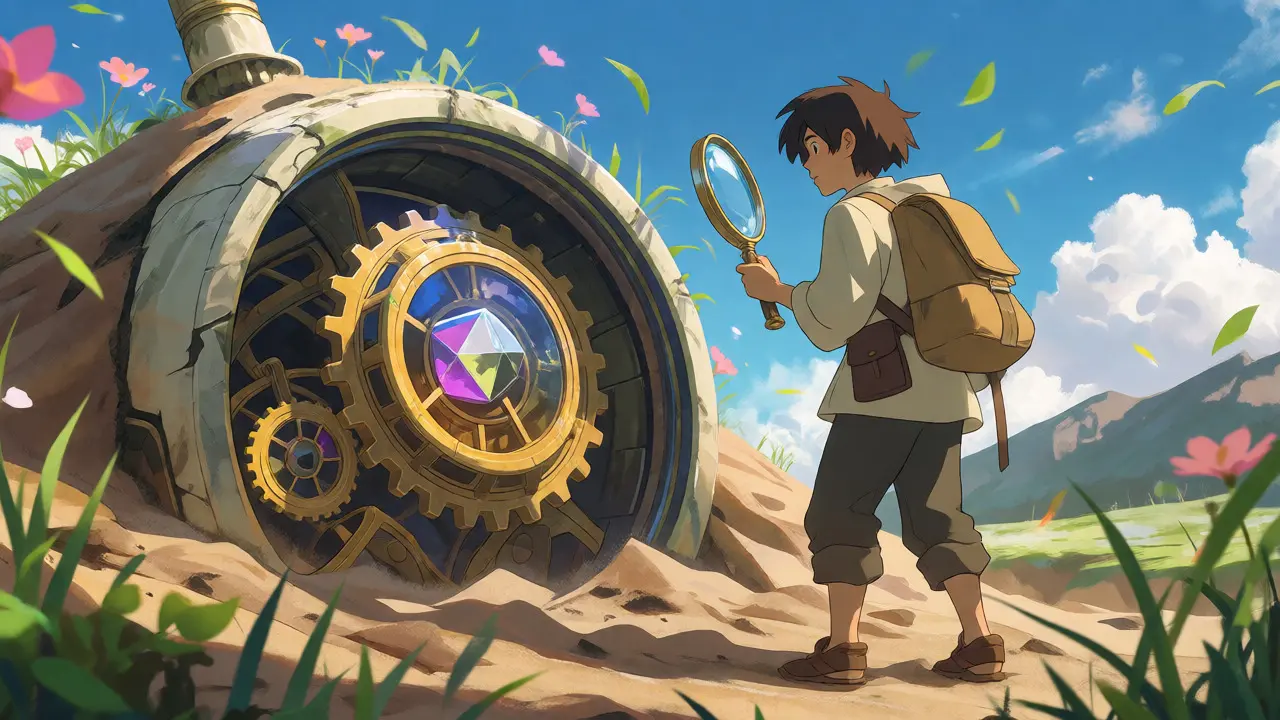 Adventurer inspecting an ancient mechanical robot in a field, Ghibli art