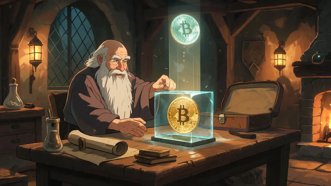An elderly wizard locking a gold coin into a crystal vault in a cozy workshop.