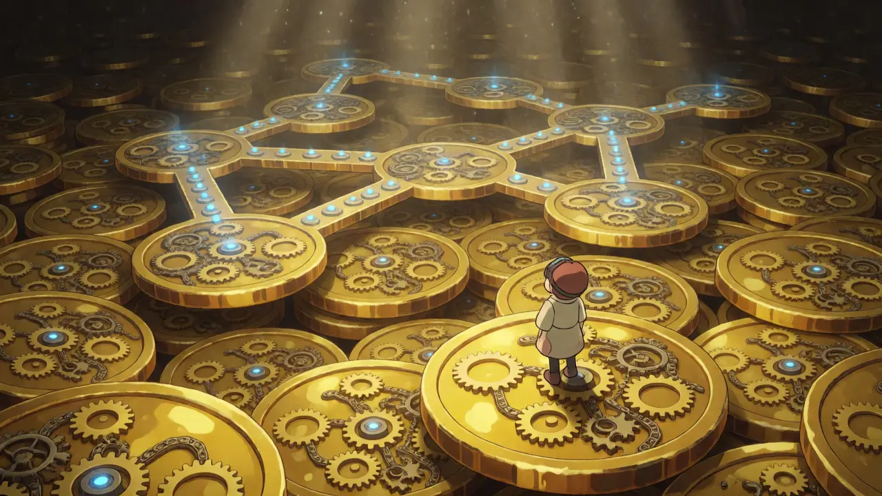 An explorer standing on giant golden coins with intricate inscriptions in a cavern.