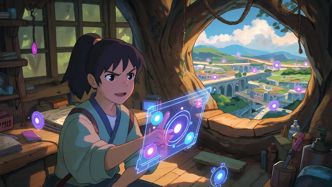 Anime character managing holographic DeFi interfaces in a tree house