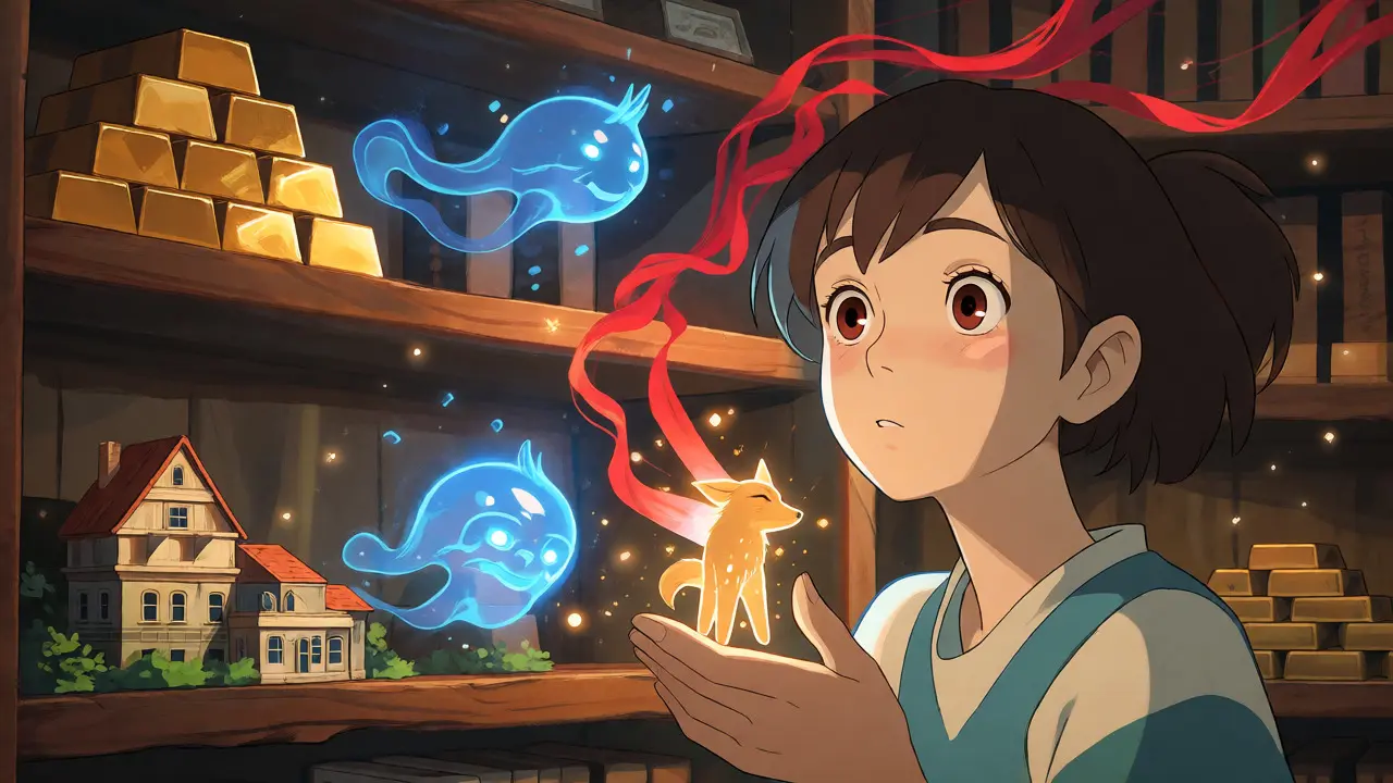Anime illustration of a magical vault where gold, houses, and bonds transform into digital light spirits.